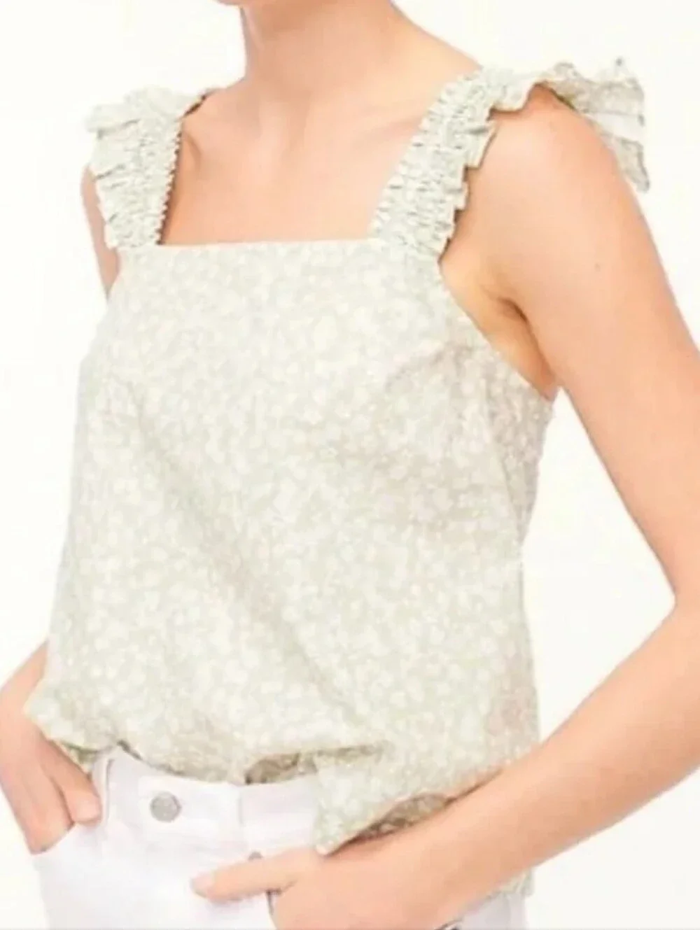 NWT J.Crew Light Mint Green & White Floral Crop Top Ruffle Sleeves, Size XXL